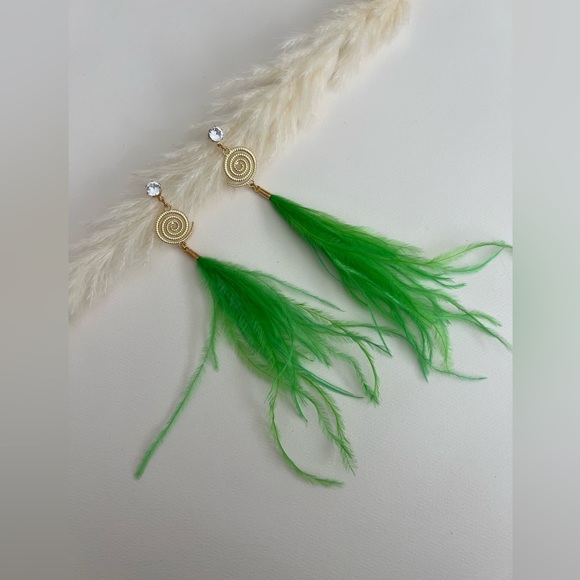 Long Dangle Green Feather Hippie Chic Earrings - Vibrant Whimsical Earrings - Picture 6 of 17
